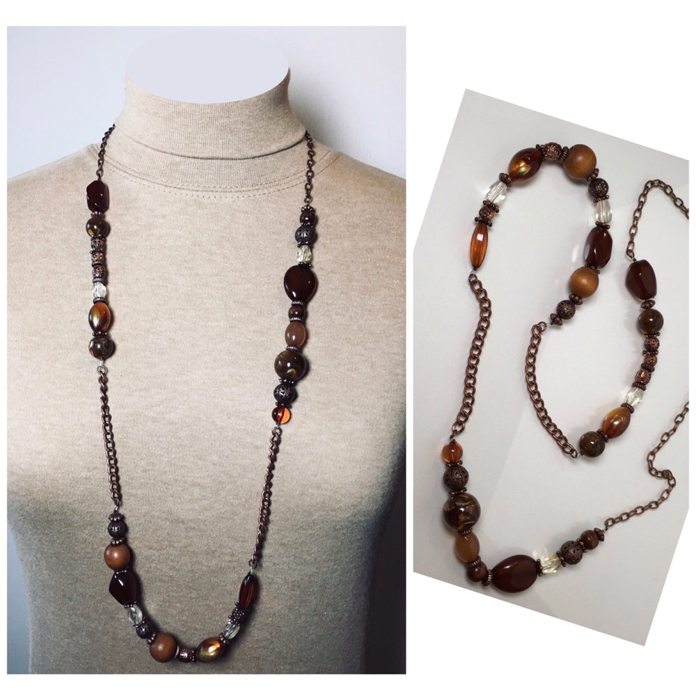 Asymmetrical Copper Tone Chain And Acrylic, Wood, & Metal Bead Necklace 38”